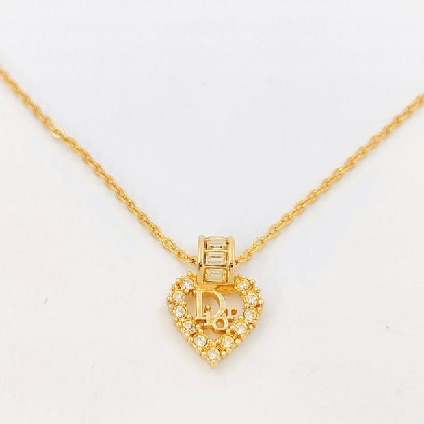 Christian Dior gold and crystals heart logo pendant necklace
