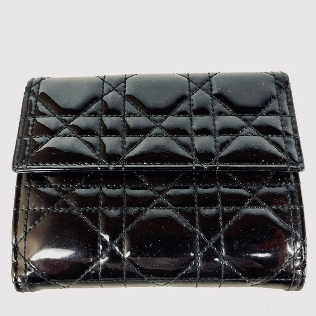 Lady Dior Black bifold Compact wallet, silver hardware, patent leather
