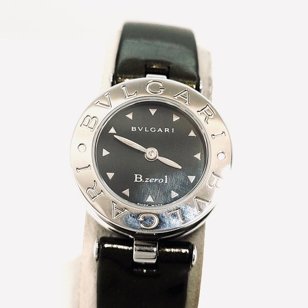 Bvlgari B.zero 1 quartz black round dial olive green leather strap watch