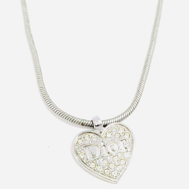 Christian Dior vintage adjustable silver crystals heart logo pendant necklace