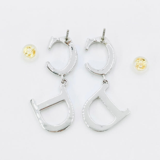 Christian Dior silver giant logo stud dangling earrings