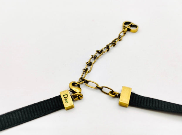 Dior Jadior aged gold hardware logo black choker necklace