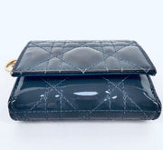 Lady Dior dark blue / grey bifold compact wallet, gold hardware, patent leather