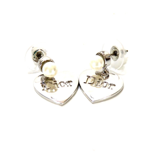 Christian Dior silver heart and pearls logo stud earrings