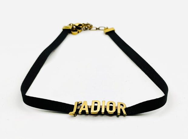 Dior Jadior aged gold hardware logo black choker necklace