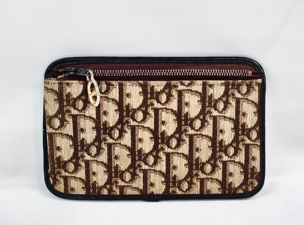 Christian Dior brown and gold hardware oblique monogram logo flat zip pouch