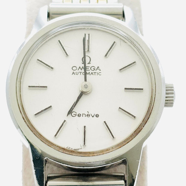 Vintage omega automatic geneve two tone gold and stainless steel white dial watch