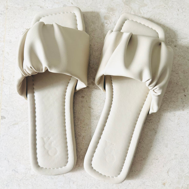 Estee Ruched Slip On Sliders (Beige)